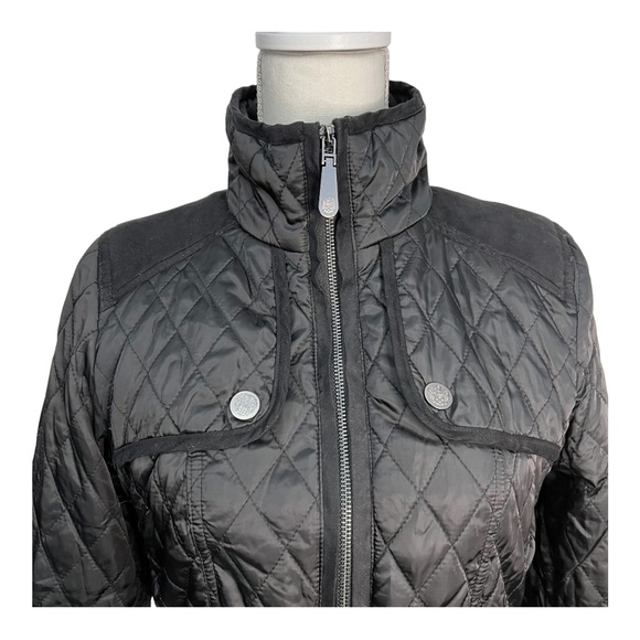 Vince Camuto Women's Quilted Jacket Size Small Belted Black Faux Suede Trim - Picture 6 of 15